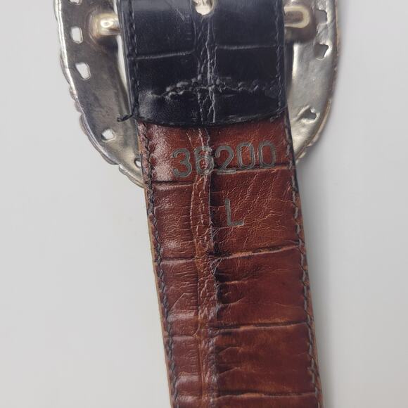 Black Brown Leather Belt Lg Western Oval Silver Buckle Boho Cowgirl Reversible